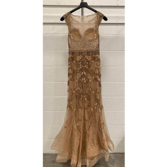 TERANI COUTURE WOMENS MOCHA BEADED LACE MERMAID GOWN  SIZE 14 NWT - Picture 6 of 13